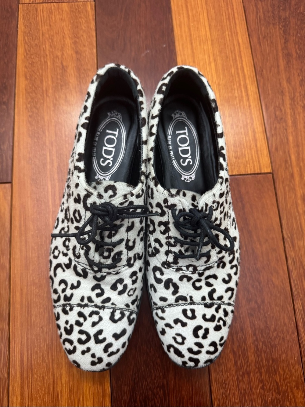 Tod's Black and White Leopard Print Lace-Up Flats
